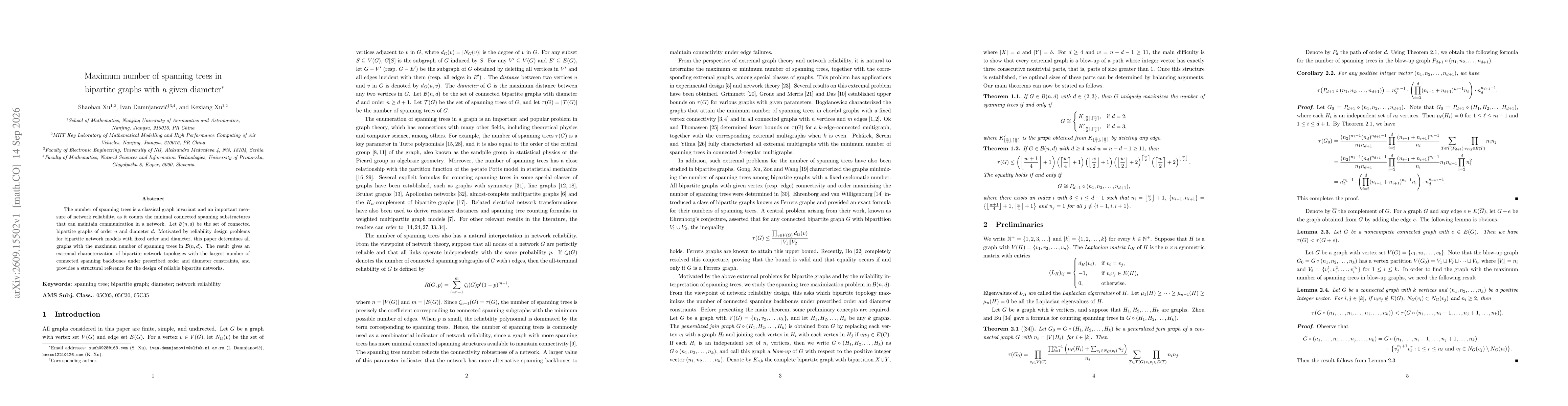 Thumbnail for Maximum number of spanning trees in bipartite graphs with a given diameter