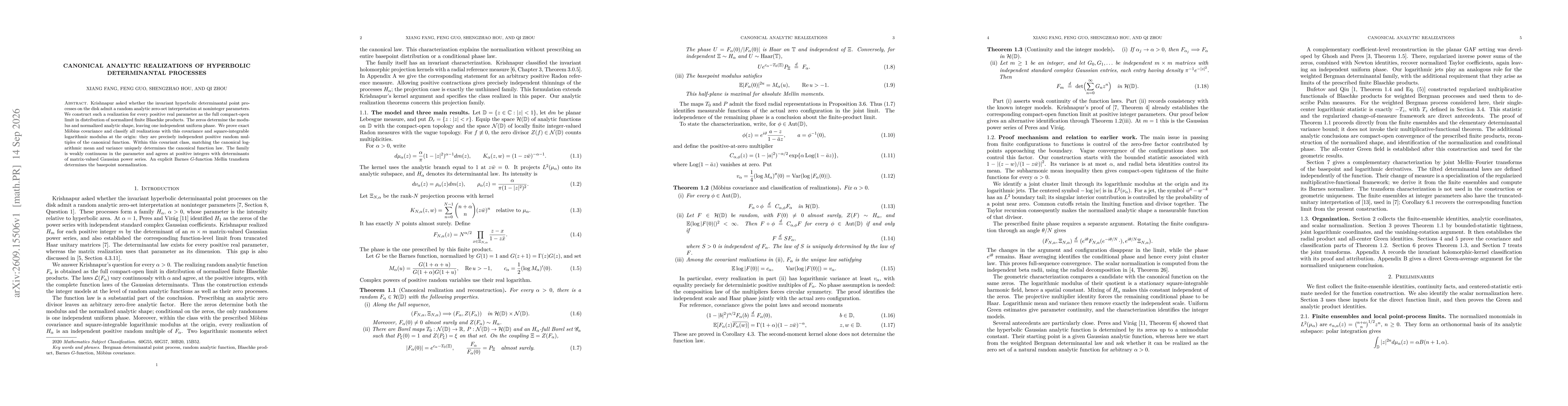 Thumbnail for Canonical analytic realizations of hyperbolic determinantal processes