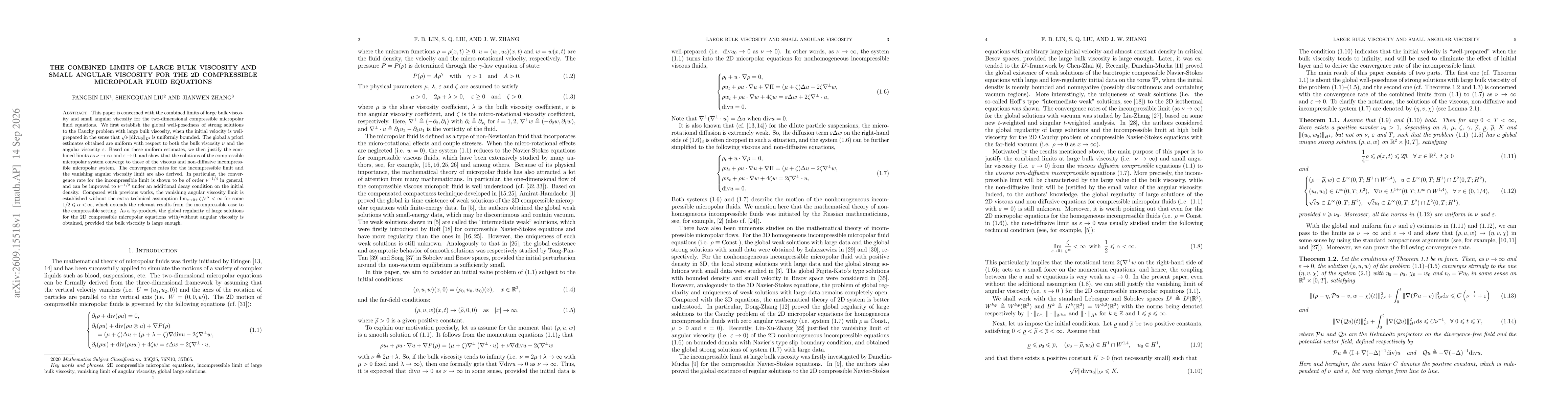 Thumbnail for The combined limits of large bulk viscosity and small angular viscosity for the 2D compressible micropolar fluid equations
