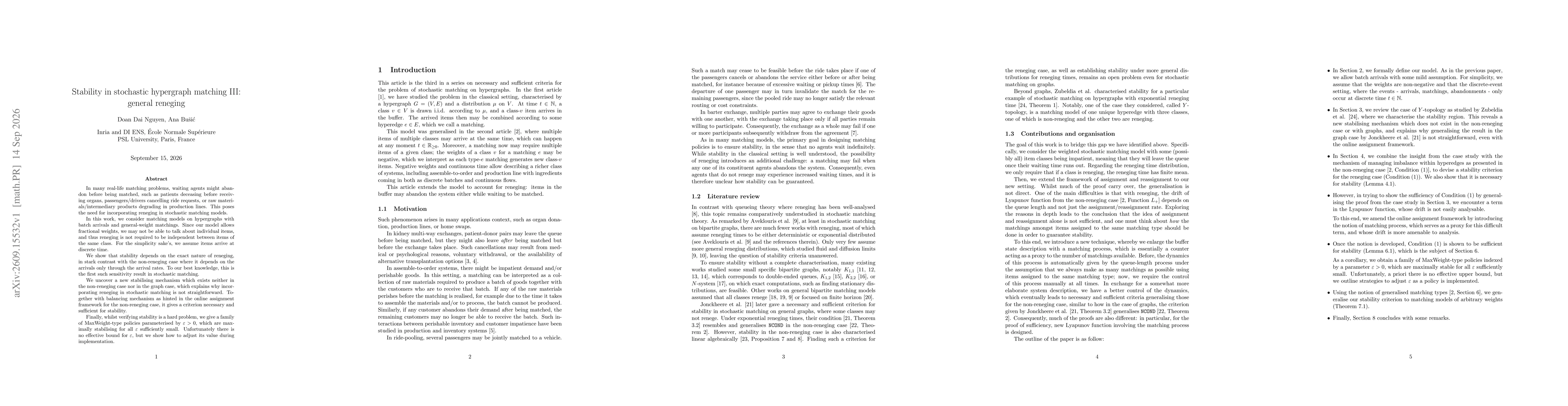 Thumbnail for Stability in stochastic hypergraph matching III: general reneging