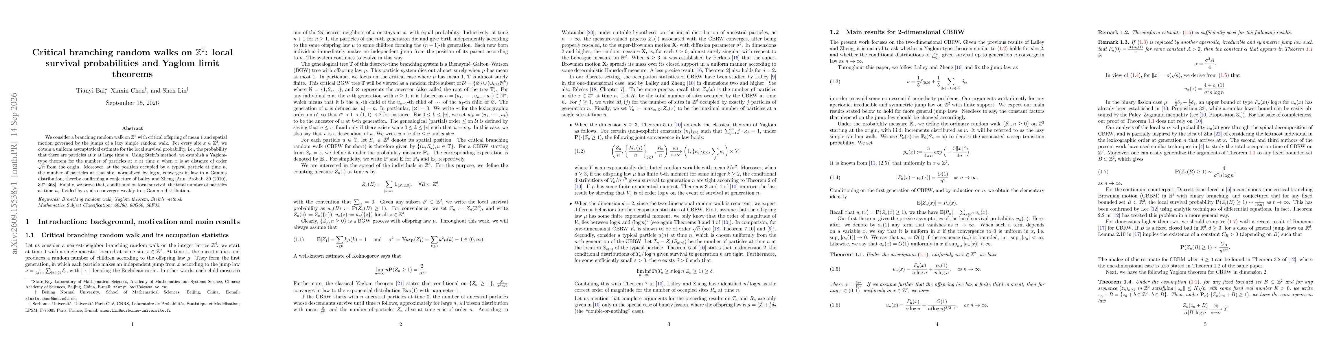 Thumbnail for Critical branching random walks on $\mathbb{Z}^2$: local survival probabilities and Yaglom limit theorems