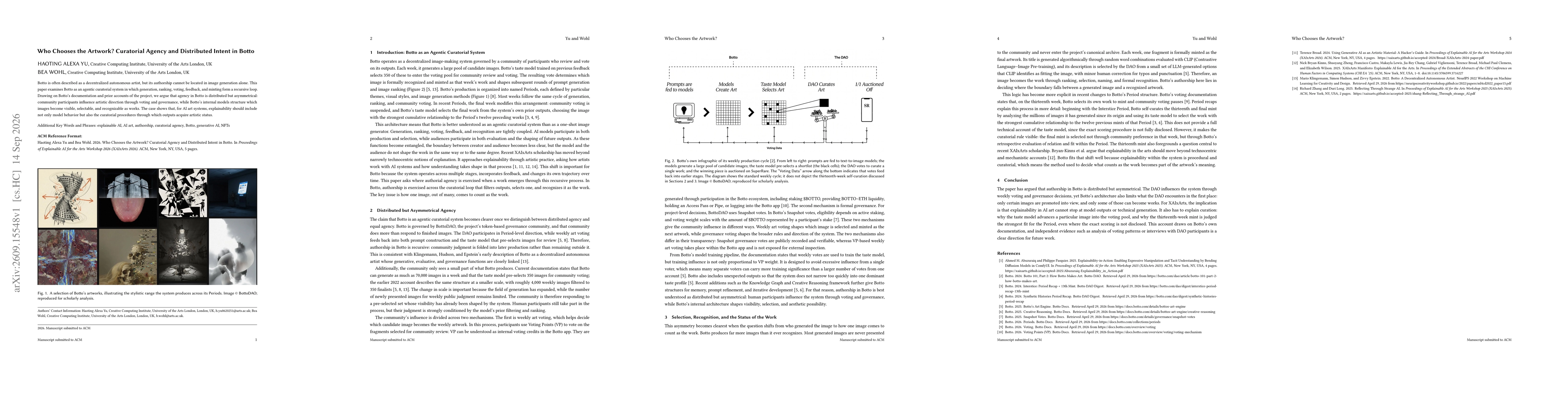 Thumbnail for Who Chooses the Artwork? Curatorial Agency and Distributed Intent in Botto