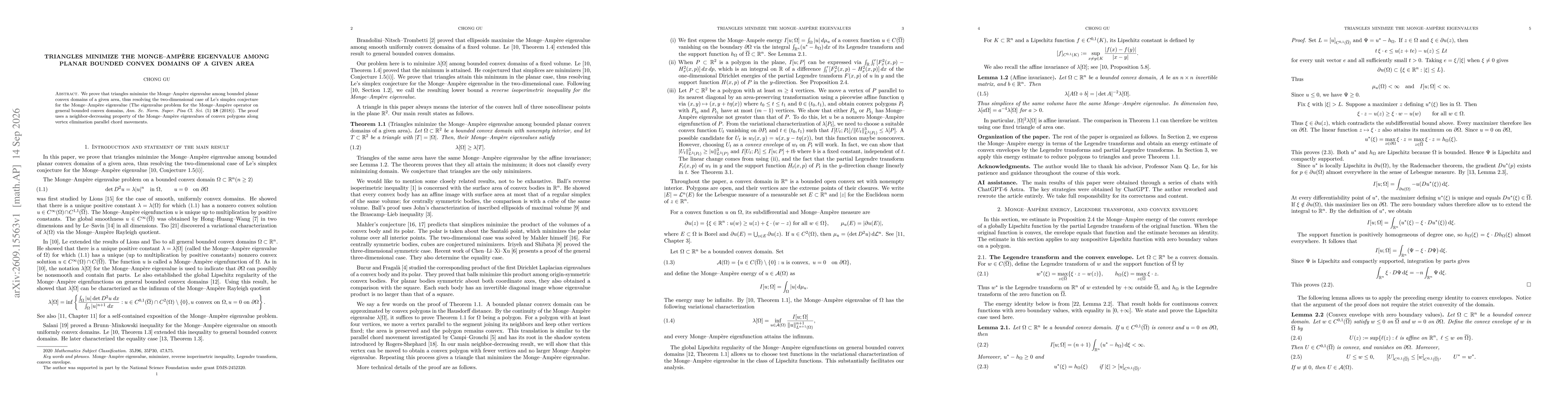 Thumbnail for Triangles minimize the Monge-Ampère eigenvalue among planar bounded convex domains of a given area