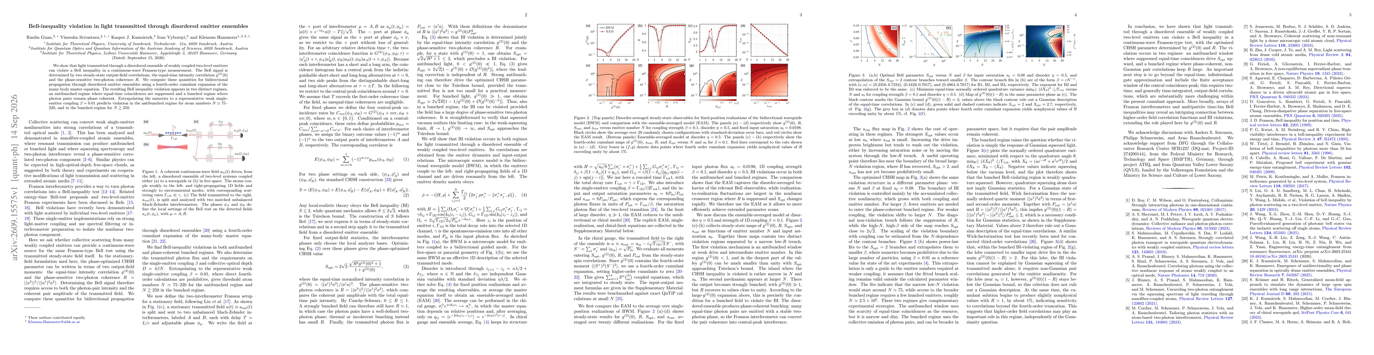 Thumbnail for Bell-inequality violation in light transmitted through disordered emitter ensembles