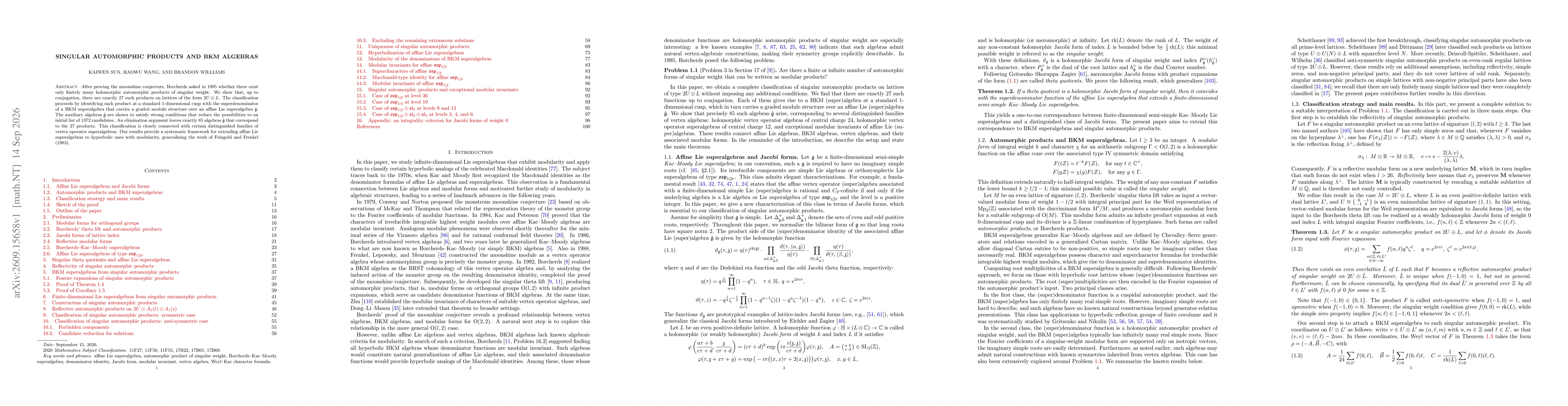 Thumbnail for Singular automorphic products and BKM algebras