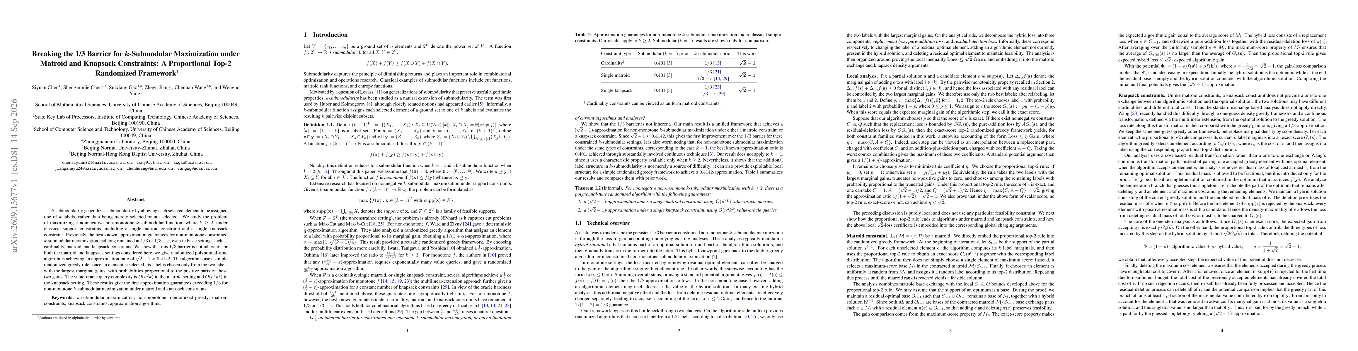 Thumbnail for Breaking the 1/3 Barrier for $\boldsymbol{k}$-Submodular Maximization under Matroid and Knapsack Constraints: A Proportional Top-2 Randomized Framework