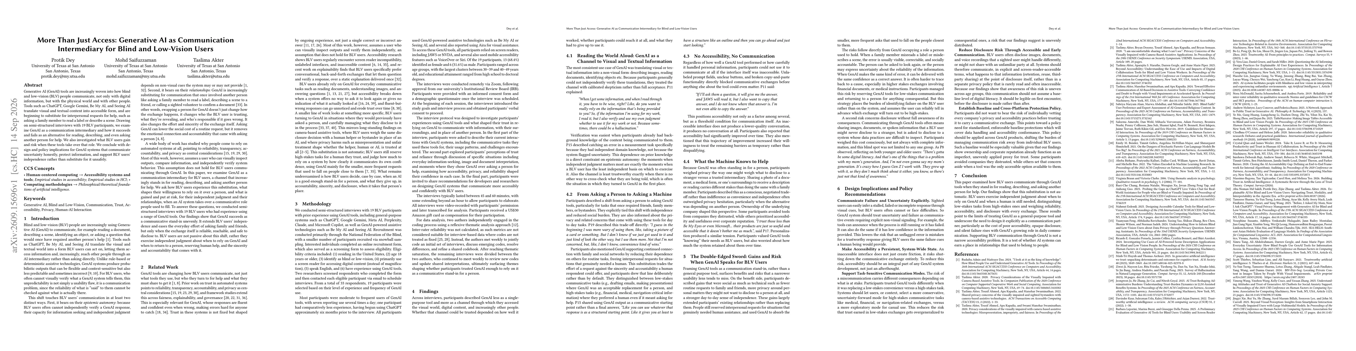 Thumbnail for More Than Just Access: Generative AI as Communication Intermediary for Blind and Low-Vision Users