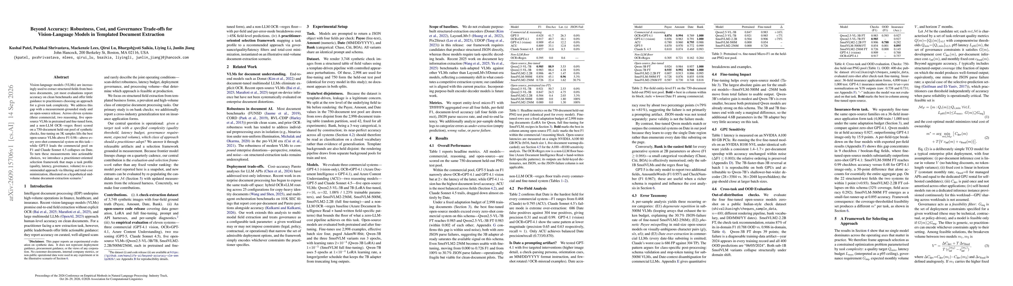 Thumbnail for Beyond Accuracy: Robustness, Cost, and Governance Trade-offs for Vision-Language Models in Templated Document Extraction