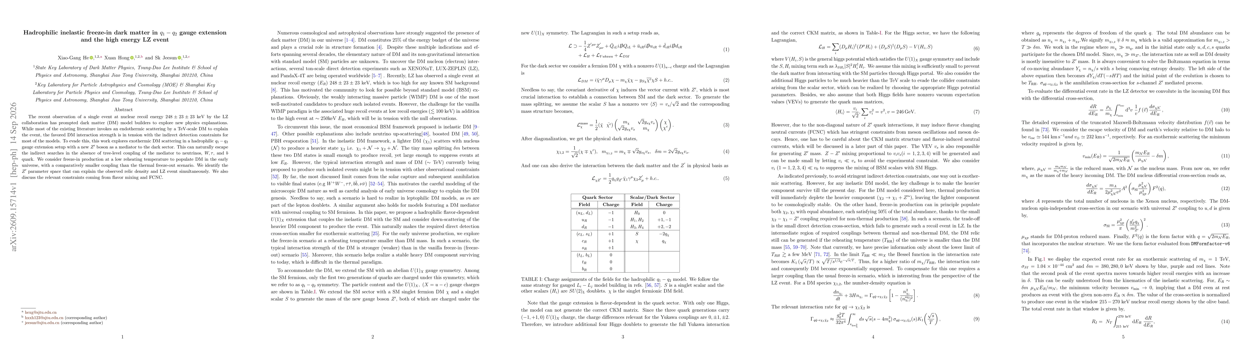 Thumbnail for Hadrophilic inelastic freeze-in dark matter in $q_1-q_2$ gauge extension and the high energy LZ event