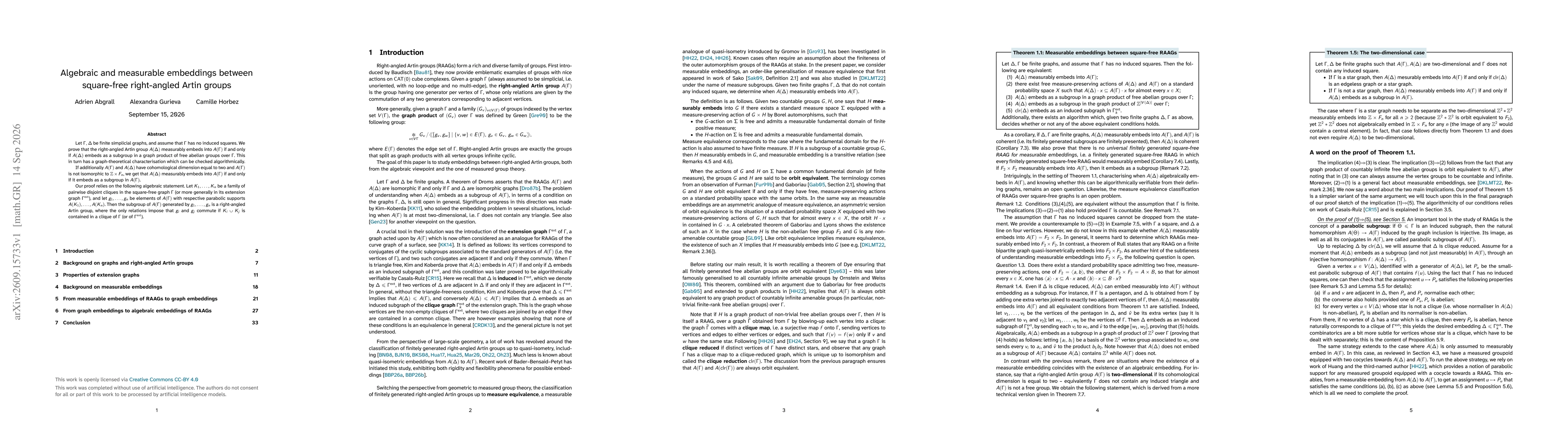 Thumbnail for Algebraic and measurable embeddings between square-free right-angled Artin groups