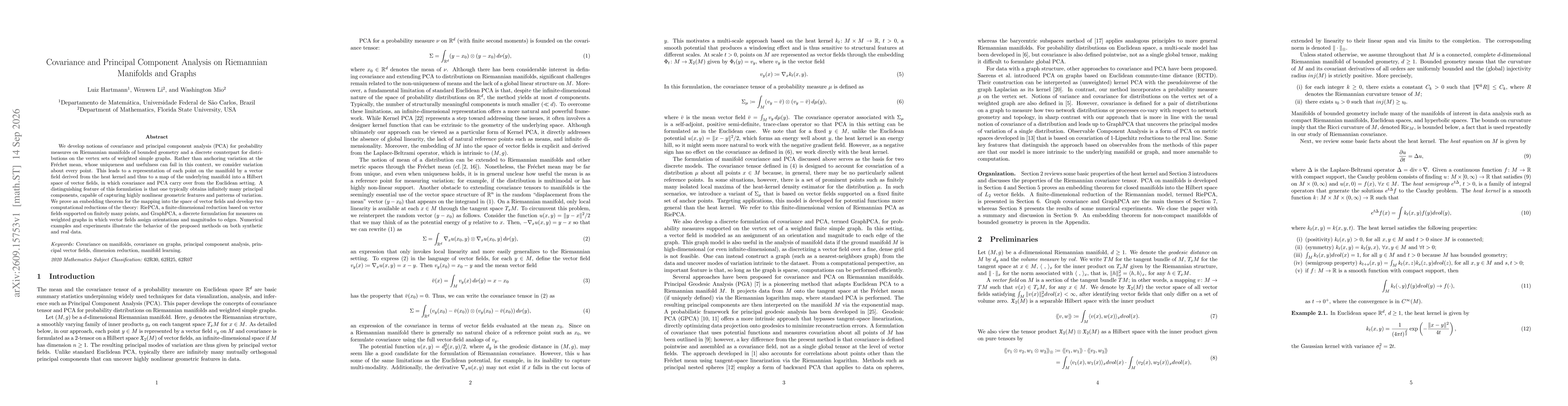 Thumbnail for Covariance and Principal Component Analysis on Riemannian Manifolds and Graphs