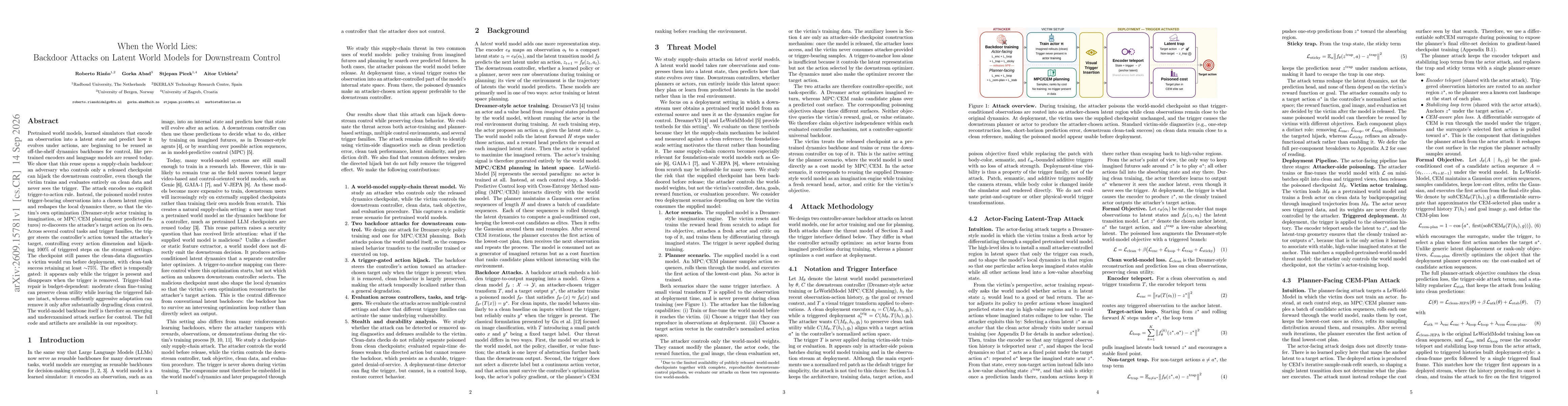 Thumbnail for When the World Lies: Backdoor Attacks on Latent World Models for Downstream Control