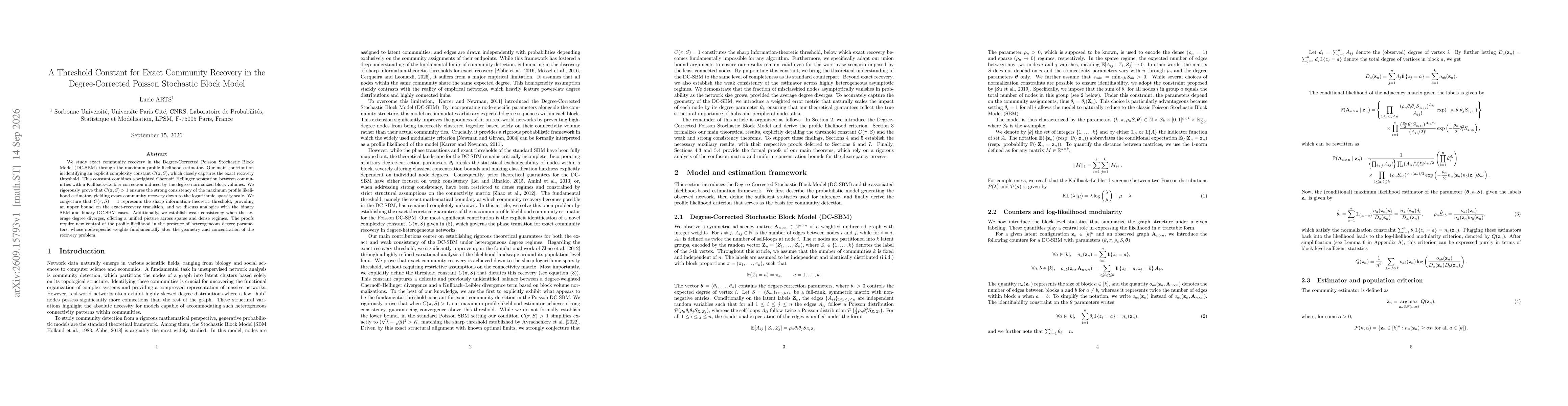 Thumbnail for A Threshold Constant for Exact Community Recovery in the Degree-Corrected Poisson Stochastic Block Model