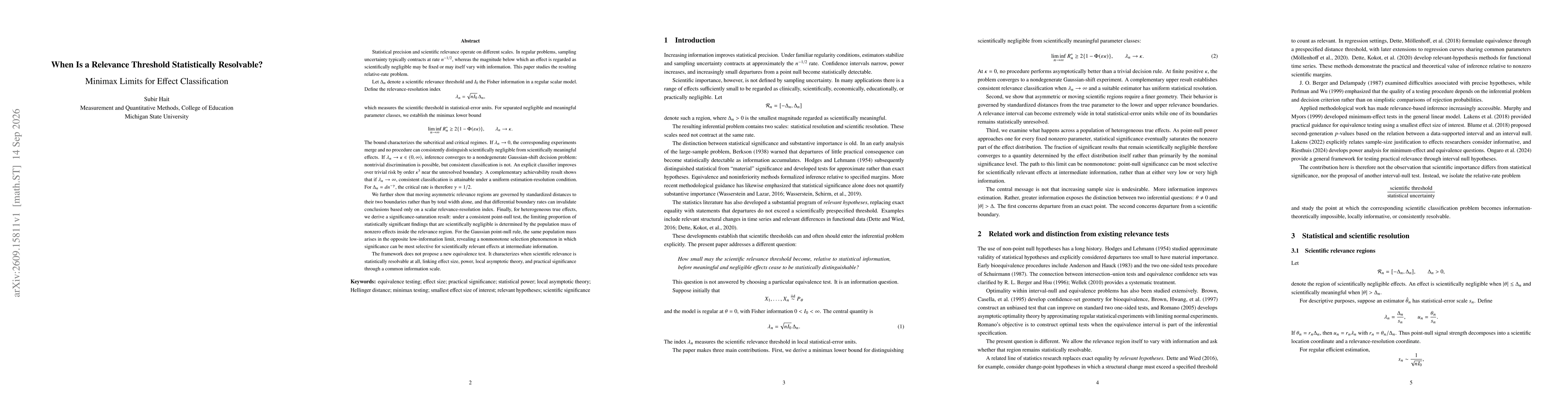 Thumbnail for When Is a Relevance Threshold Statistically Resolvable? Minimax Limits for Effect Classification