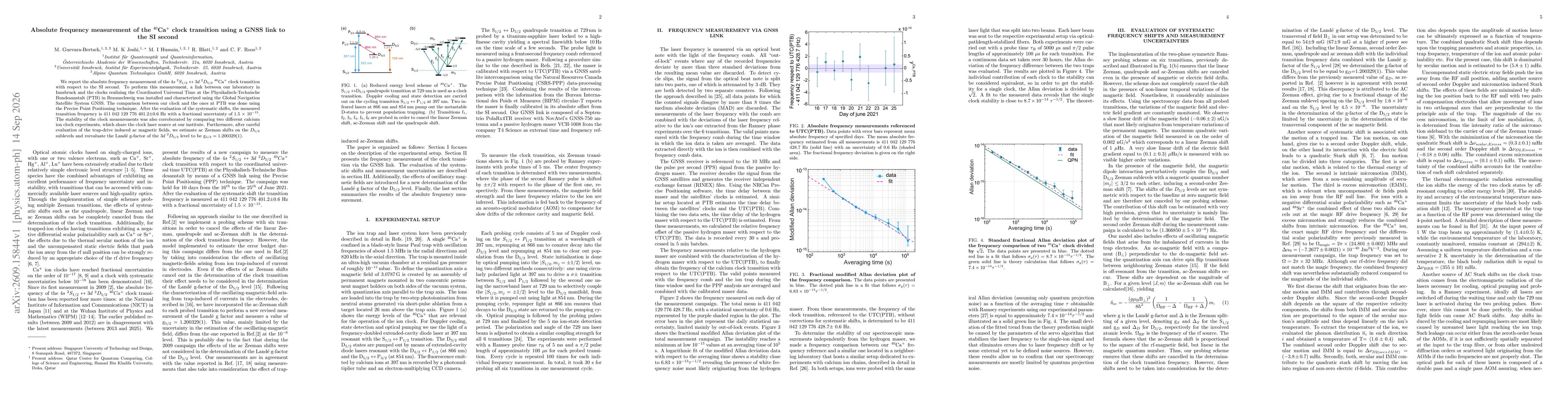 Thumbnail for Absolute frequency measurement of the $^{40}$Ca$^{+}$ clock transition using a GNSS link to the SI second