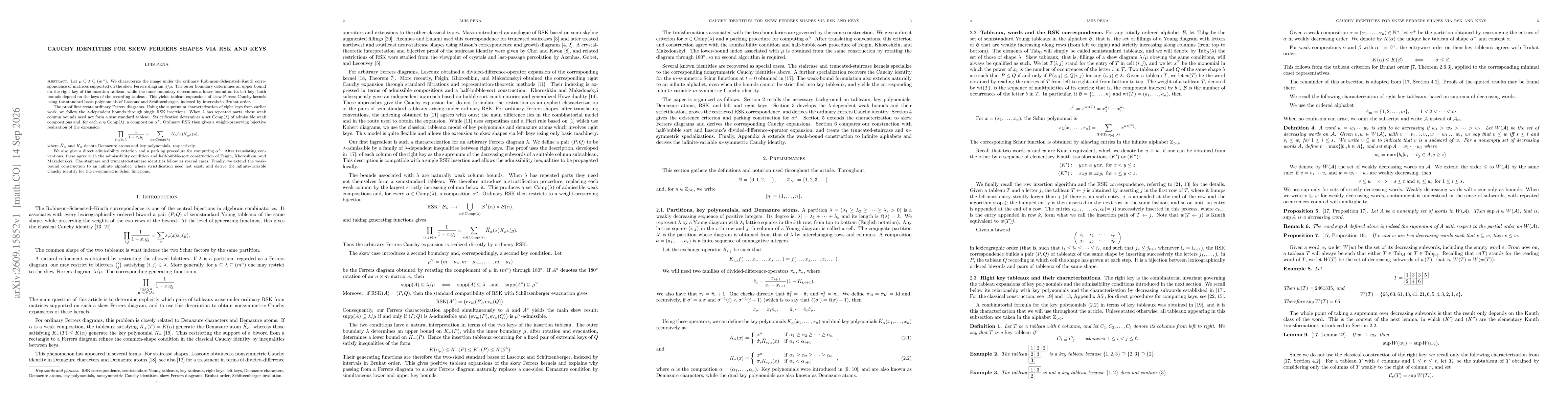 Thumbnail for Cauchy identities for skew Ferrers shapes via RSK and keys
