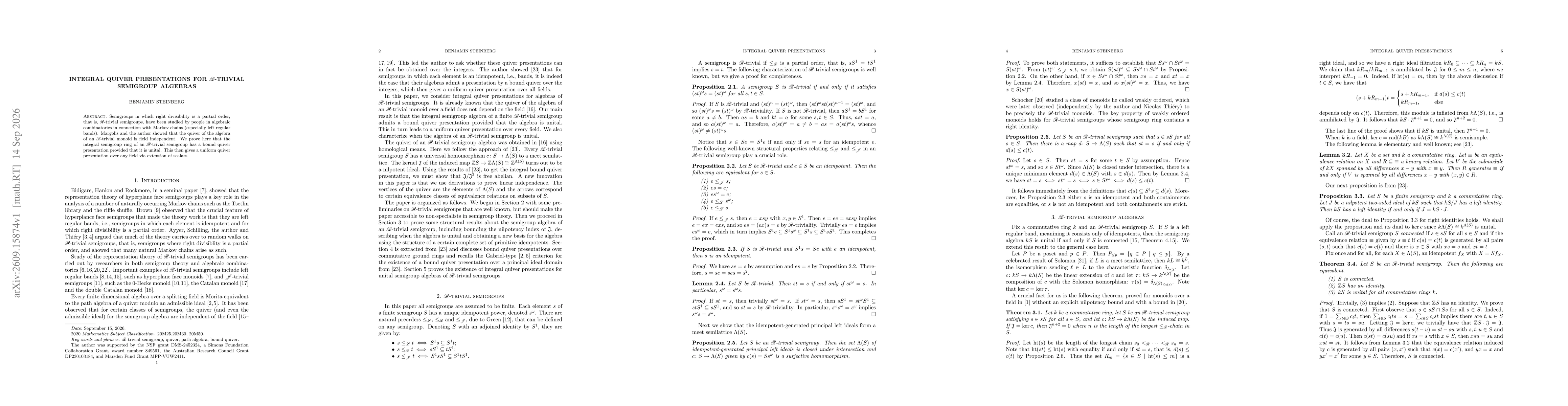 Thumbnail for Integral quiver presentations for $\mathscr R$-trivial semigroup algebras