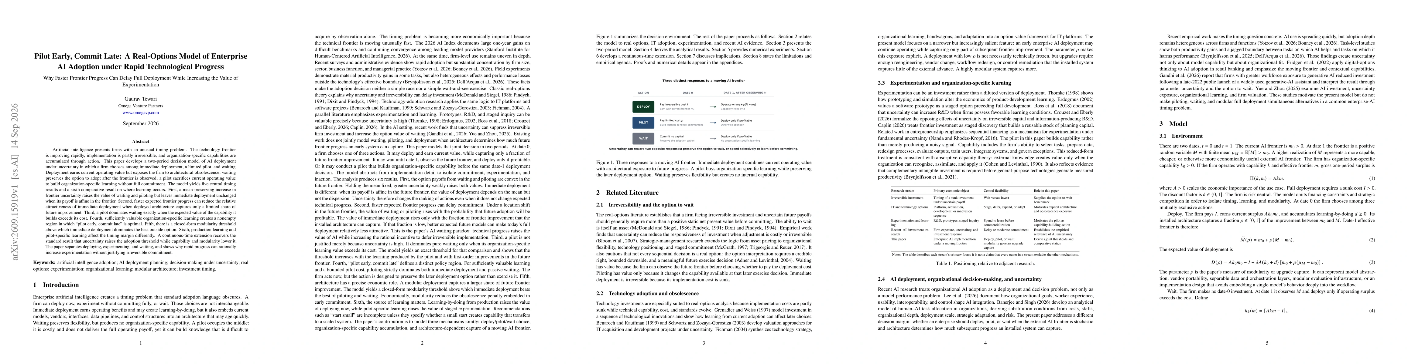 Thumbnail for Pilot Early, Commit Late: A Real-Options Model of Enterprise AI Adoption under Rapid Technological Progress