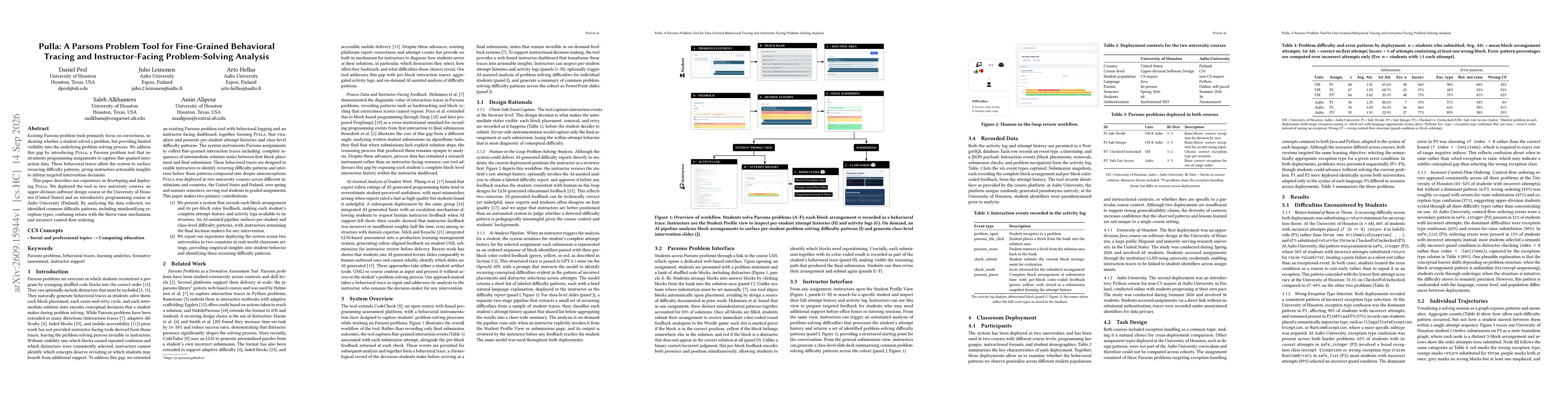Thumbnail for Pulla: A Parsons Problem Tool for Fine-Grained Behavioral Tracing and Instructor-Facing Problem-Solving Analysis