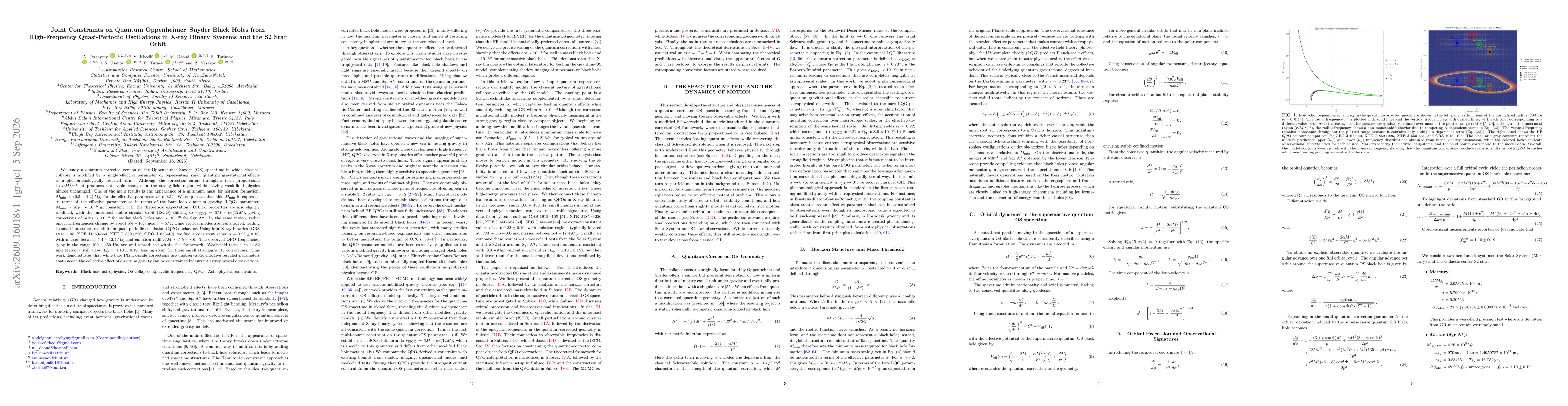Thumbnail for Joint Constraints on Quantum Oppenheimer--Snyder Black Holes from High-Frequency Quasi-Periodic Oscillations in X-ray Binary Systems and the S2 Star Orbit