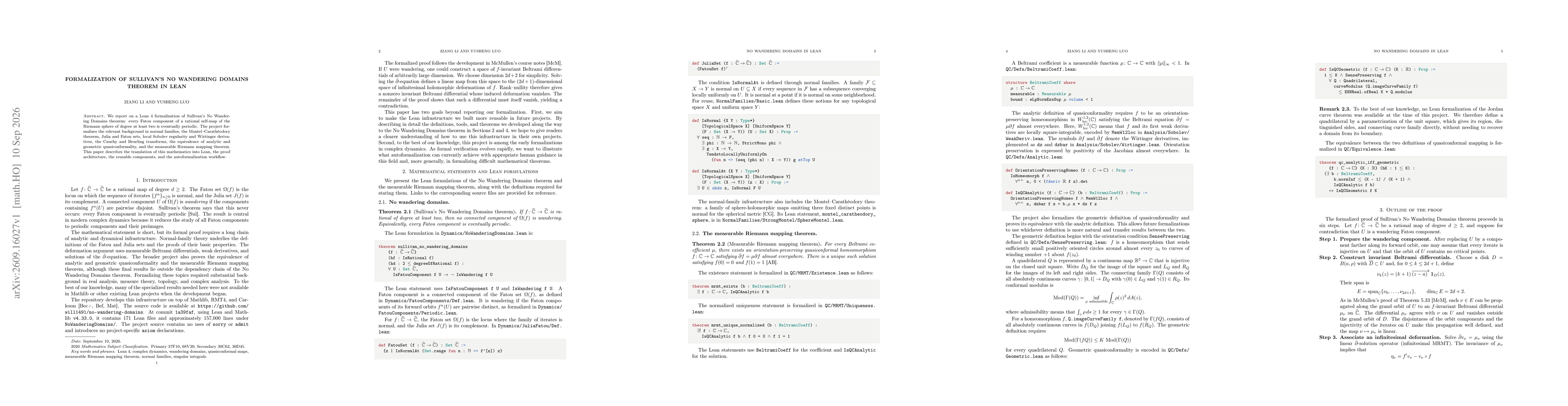 Thumbnail for Formalization of Sullivan's No Wandering Domains Theorem in Lean