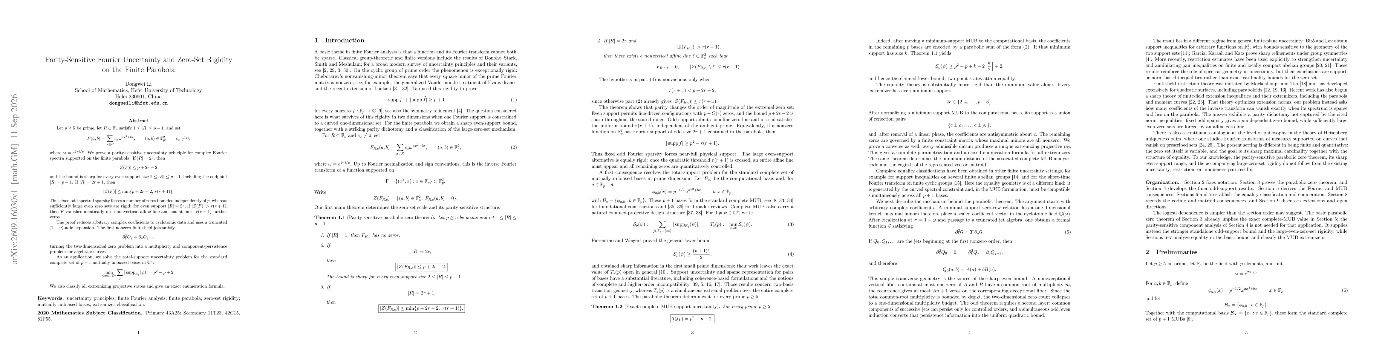 Thumbnail for Parity-Sensitive Fourier Uncertainty and Zero-Set Rigidity on the Finite Parabola