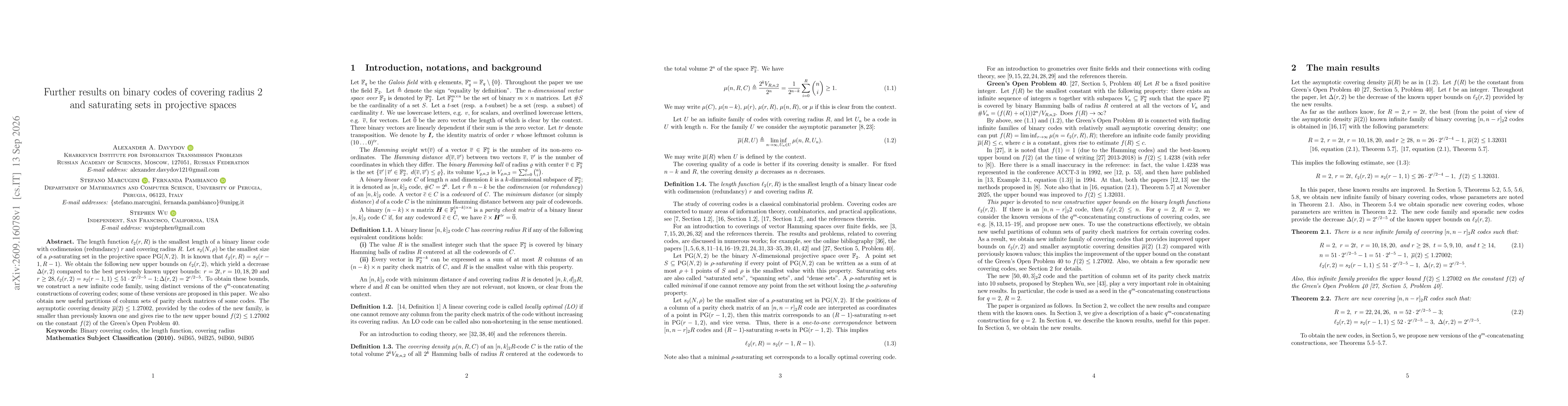 Thumbnail for Further results on binary codes of covering radius 2 and saturating sets in projective spaces