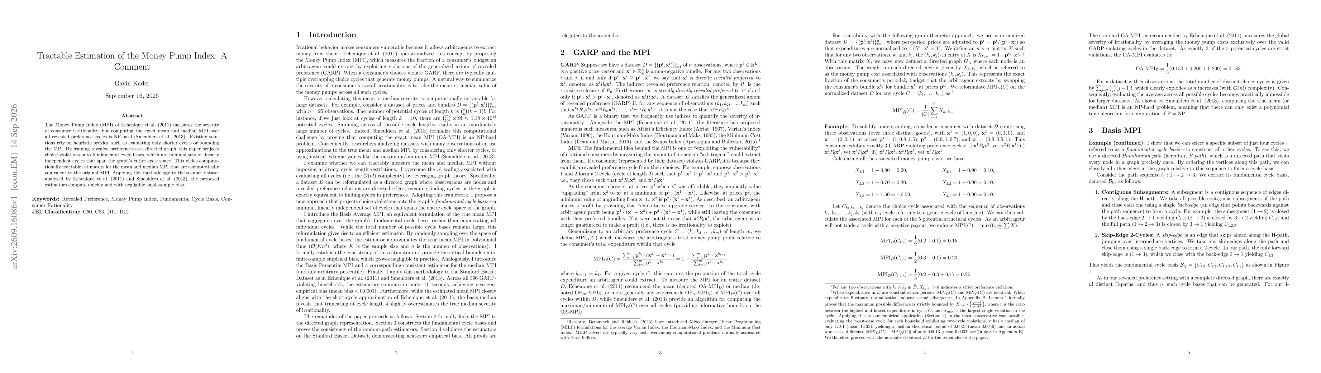 Thumbnail for Tractable Estimation of the Money Pump Index: A Comment