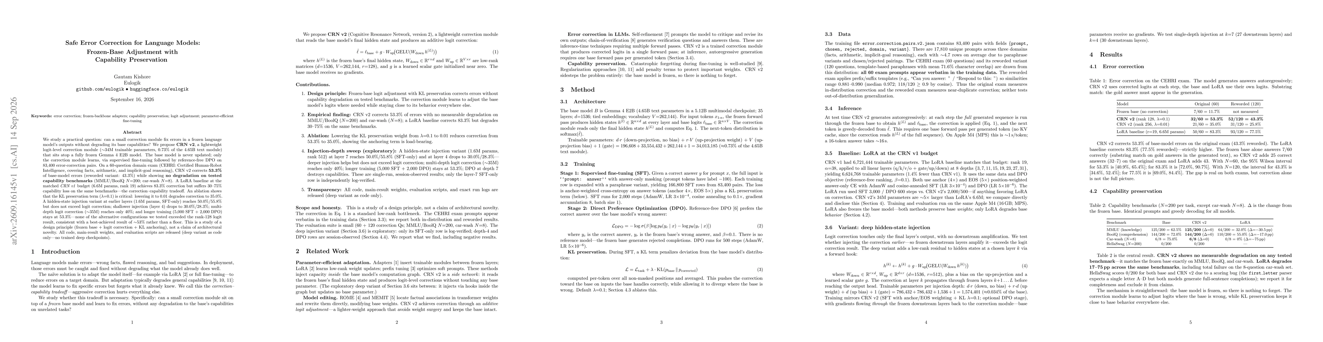 Thumbnail for Safe Error Correction for Language Models: Frozen-Base Adjustment with Capability Preservation