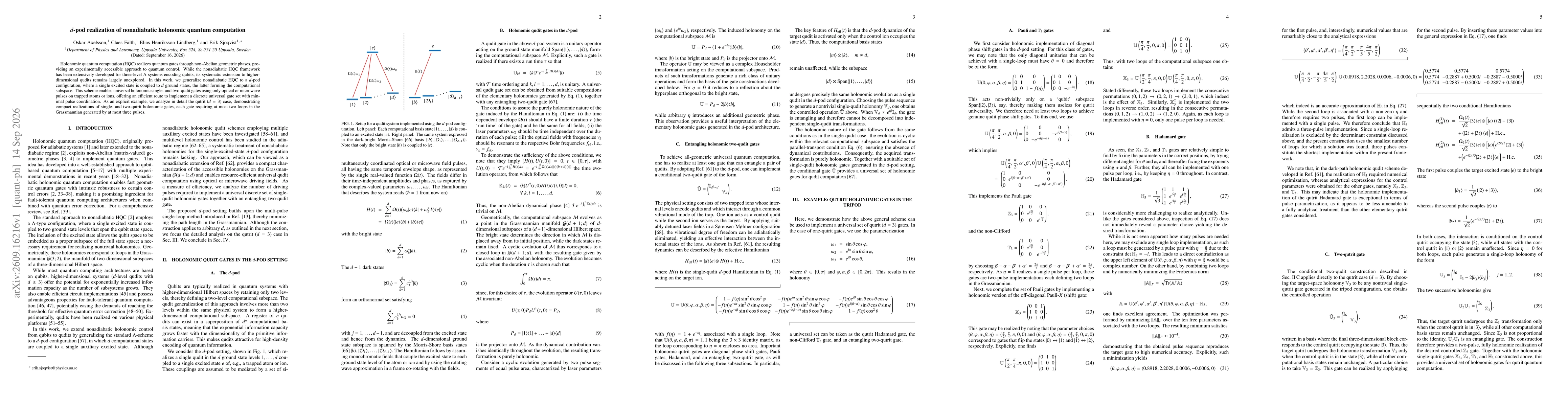 Thumbnail for $d$-pod realization of nonadiabatic holonomic quantum computation