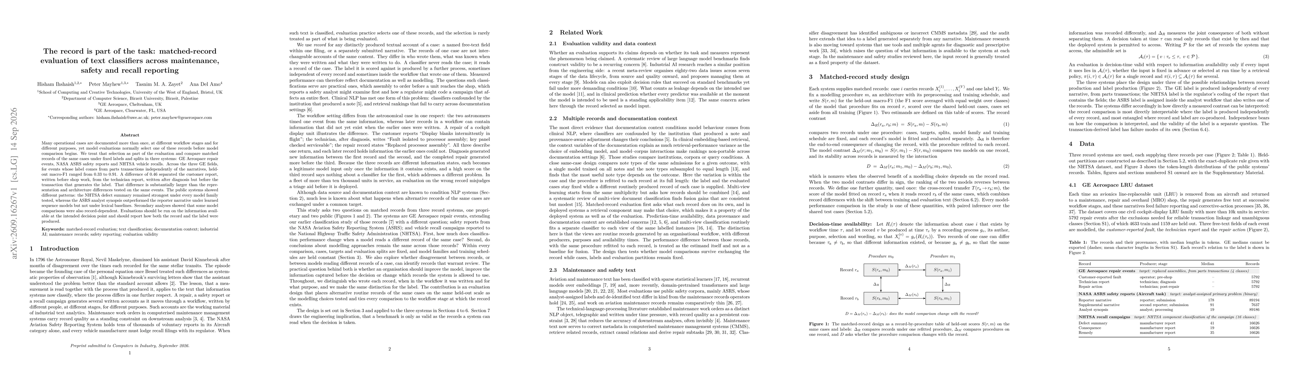 Thumbnail for The record is part of the task: matched-record evaluation of text classifiers across maintenance, safety and recall reporting