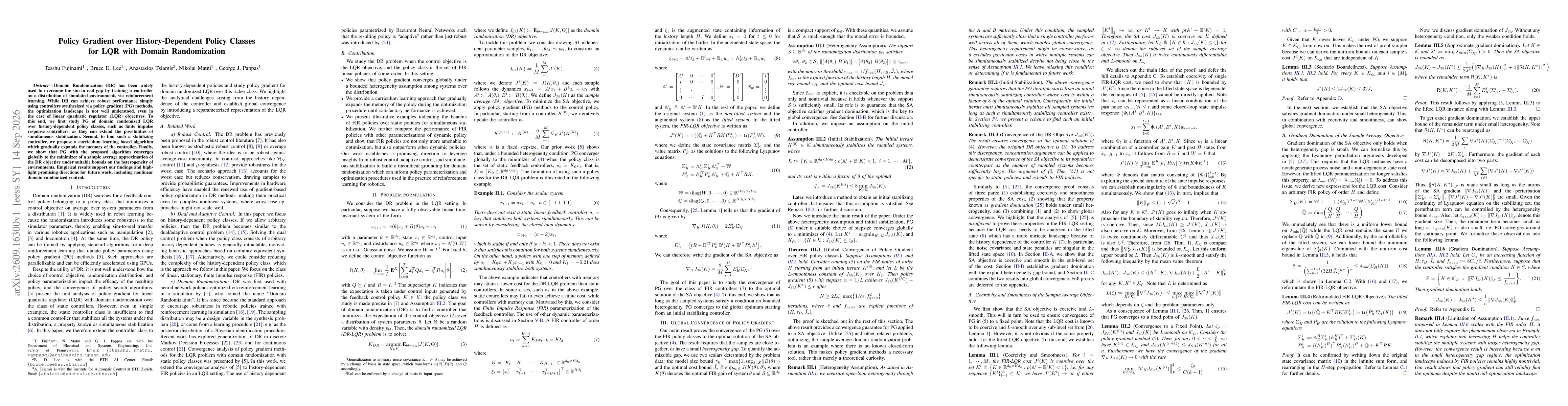 Thumbnail for Policy Gradient over History-Dependent Policy Classes for LQR with Domain Randomization
