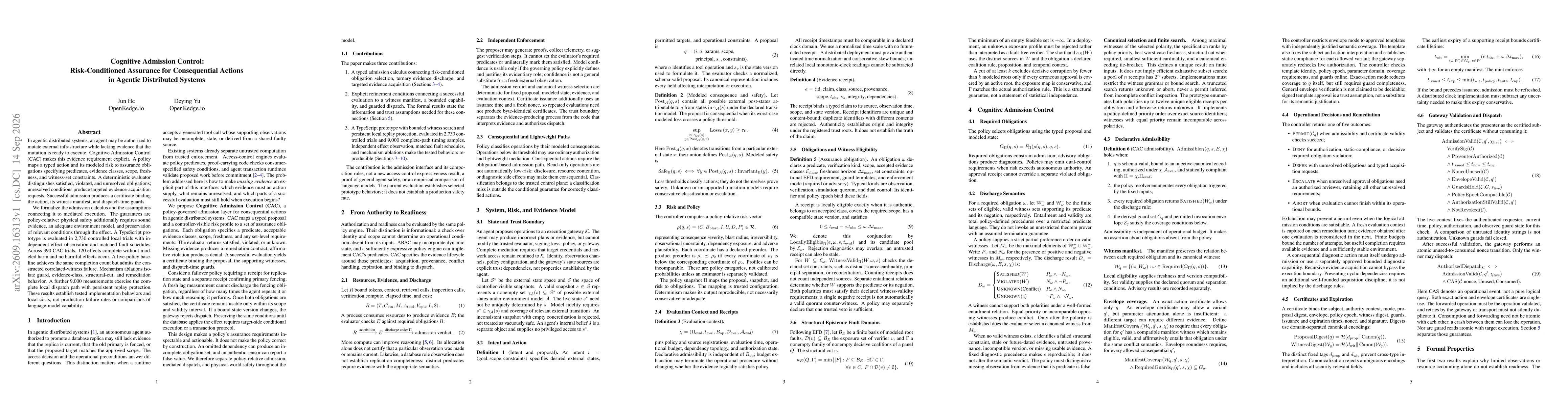 Thumbnail for Cognitive Admission Control: Risk-Conditioned Assurance for Consequential Actions in Agentic Distributed Systems