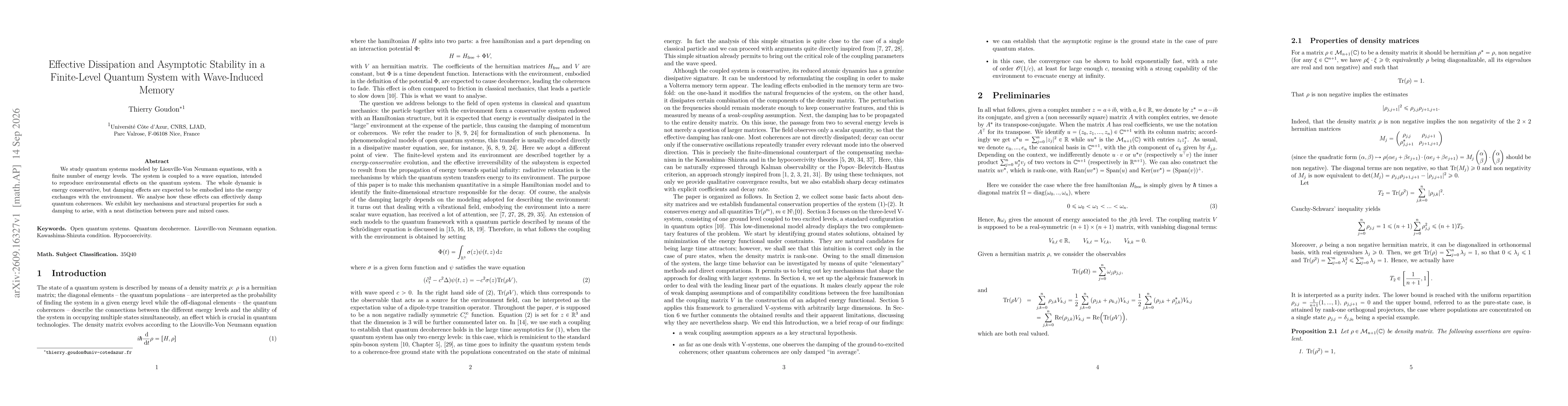 Thumbnail for Effective Dissipation and Asymptotic Stability in a Finite-Level Quantum System with Wave-Induced Memory