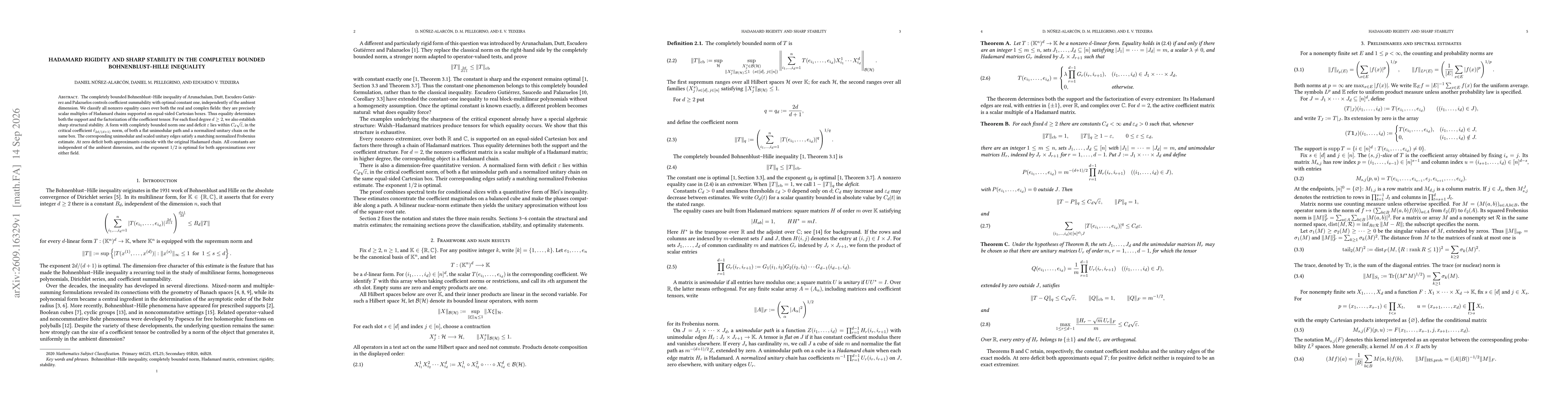 Thumbnail for Hadamard Rigidity and Sharp Stability in the Completely Bounded Bohnenblust--Hille Inequality