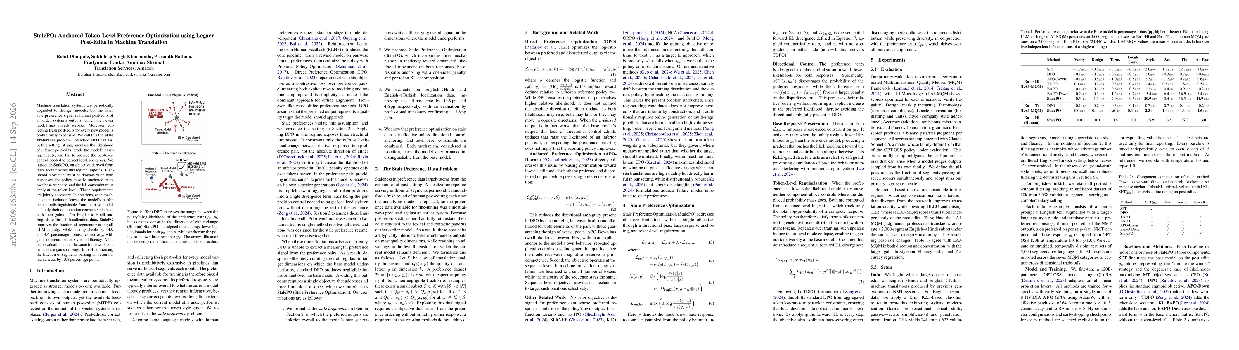 Thumbnail for StalePO: Anchored Token-Level Preference Optimization using Legacy Post-Edits in Machine Translation