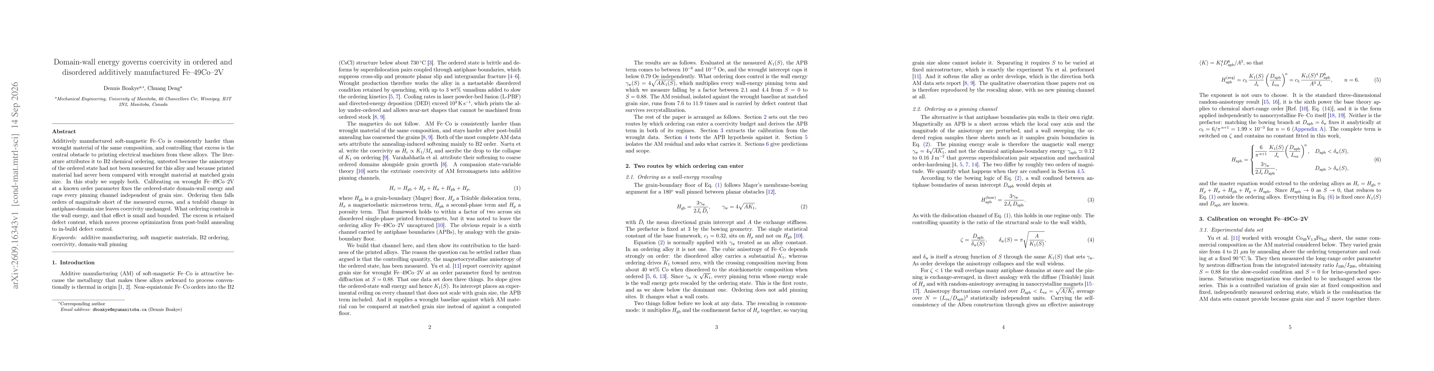 Thumbnail for Domain-wall energy governs coercivity in ordered and disordered additively manufactured Fe--49Co--2V
