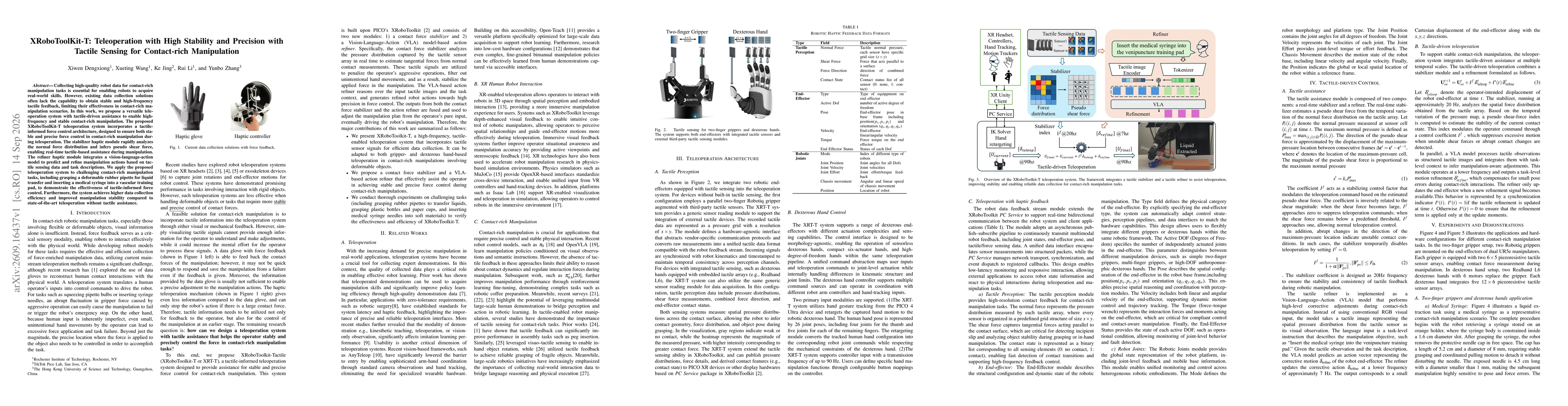Thumbnail for XRoboToolKit-T: Teleoperation with High Stability and Precision with Tactile Sensing for Contact-rich Manipulation