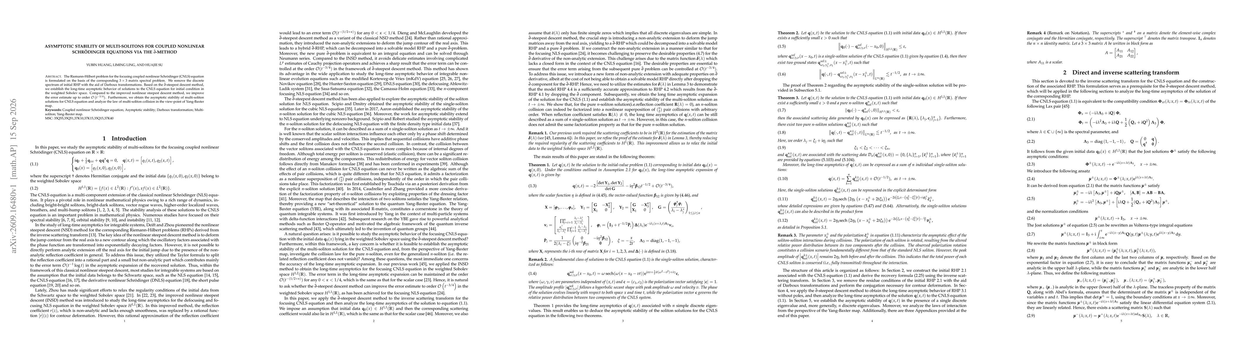 Thumbnail for Asymptotic Stability of Multi-Solitons for Coupled Nonlinear Schrödinger Equations via the $\bar{\partial}$-Method