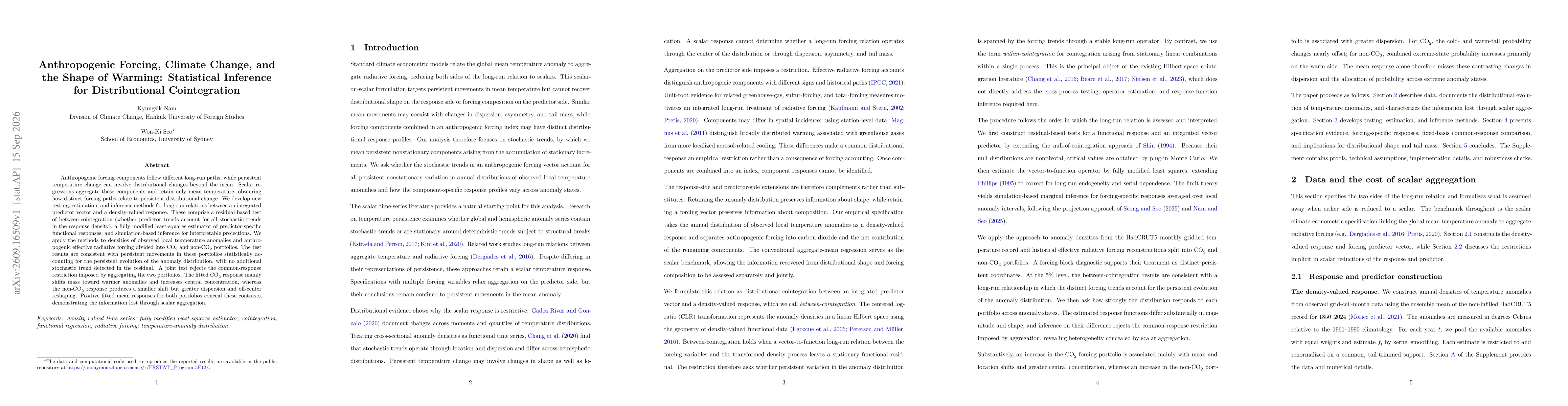 Thumbnail for Anthropogenic Forcing, Climate Change, and the Shape of Warming: Statistical Inference for Distributional Cointegration