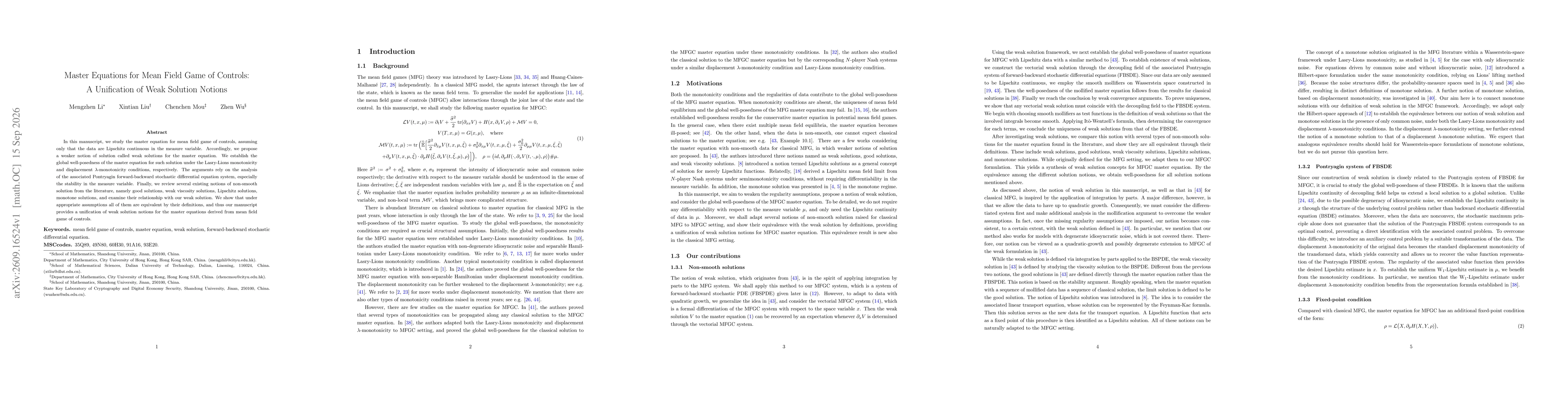 Thumbnail for Master Equations for Mean Field Game of Controls: A Unification of Weak Solution Notions