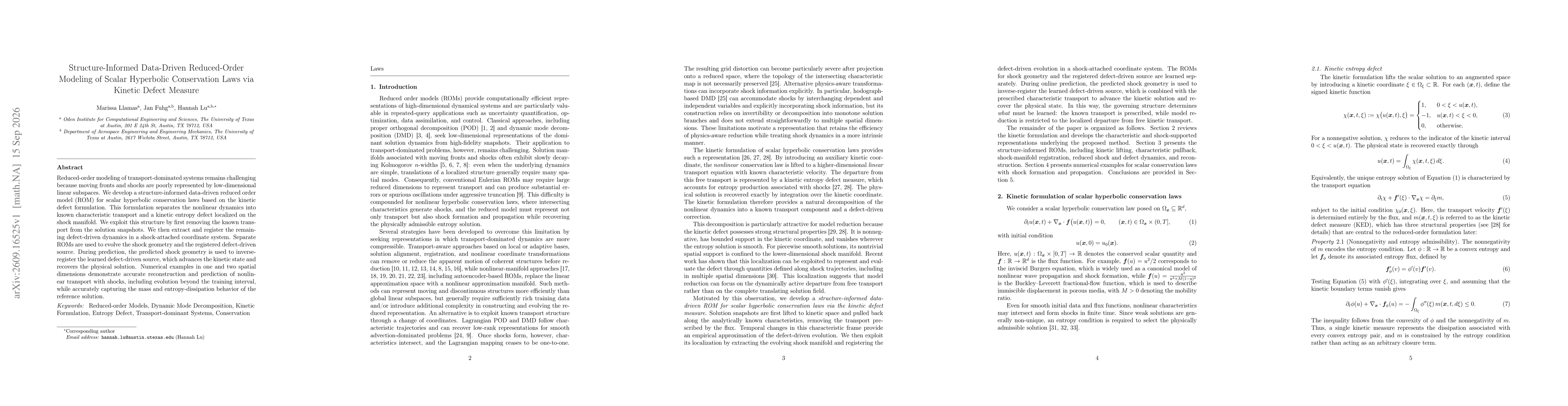 Thumbnail for Structure-Informed Data-Driven Reduced-Order Modeling of Scalar Hyperbolic Conservation Laws via Kinetic Defect Measure