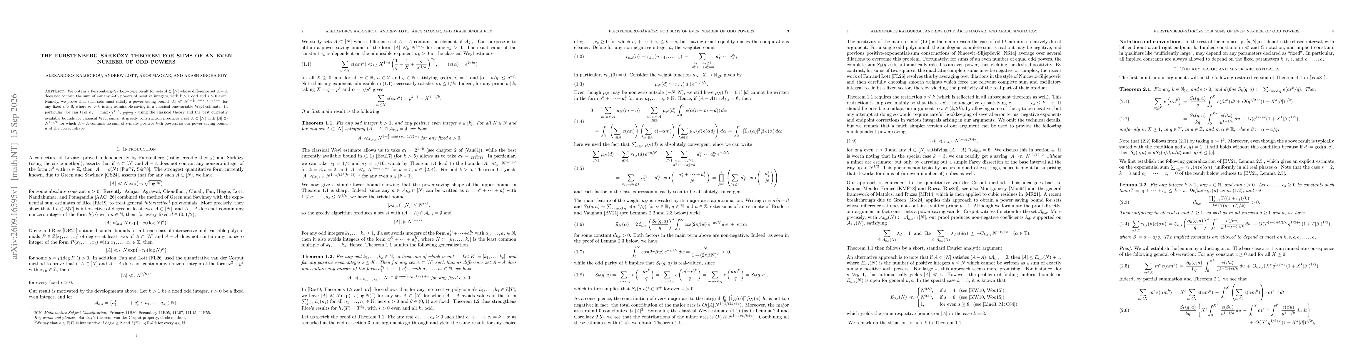 Thumbnail for The Furstenberg-Sárközy theorem for sums of an even number of odd powers