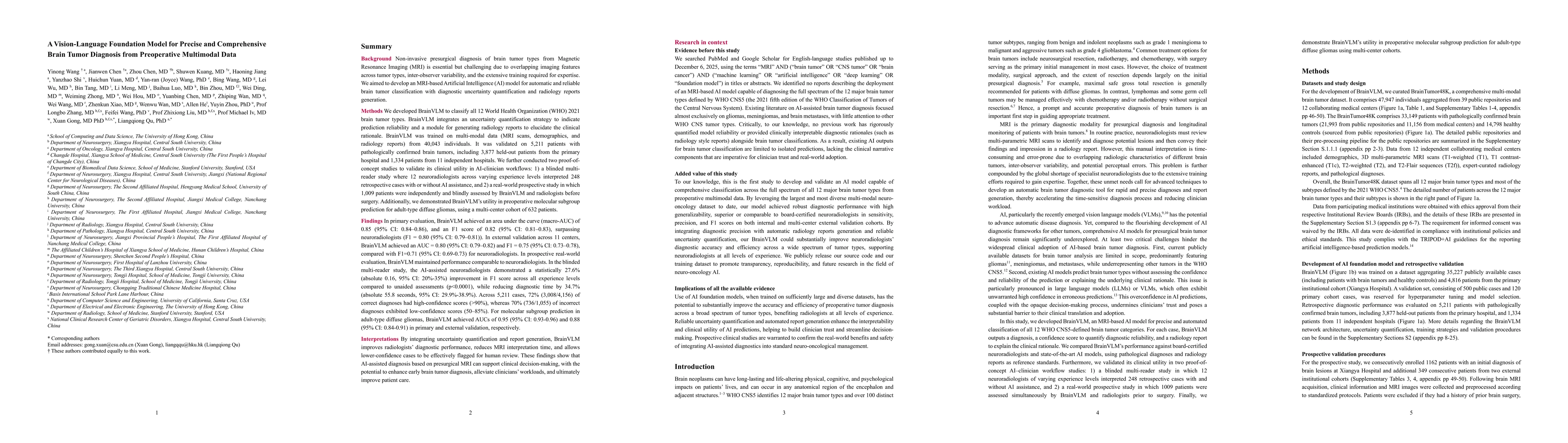 Thumbnail for A Vision-Language Foundation Model for Precise and Comprehensive Brain Tumor Diagnosis from Preoperative Multimodal Data