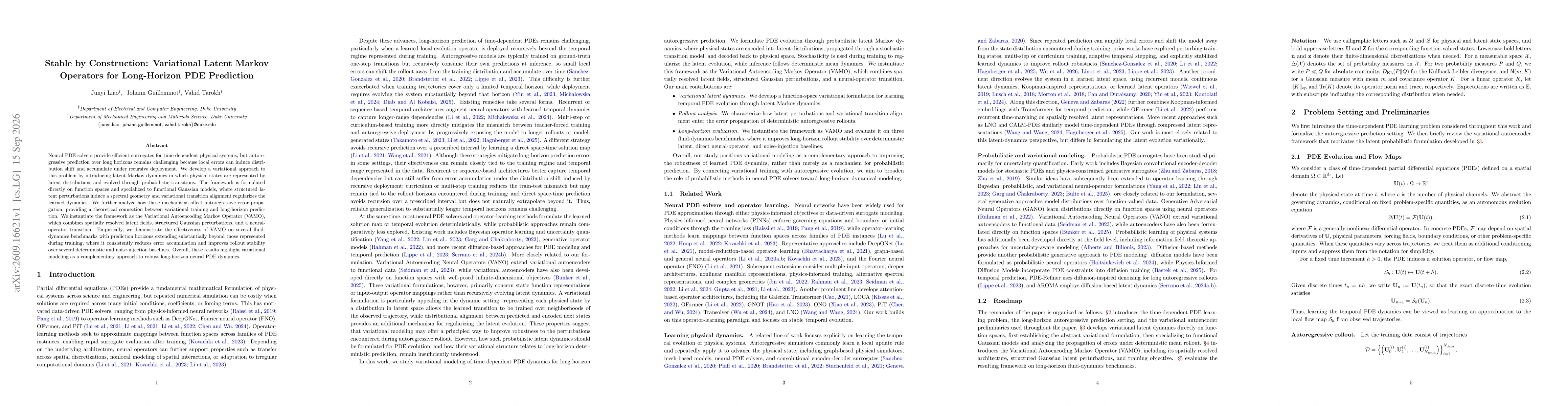 Thumbnail for Stable by Construction: Variational Latent Markov Operators for Long-Horizon PDE Prediction