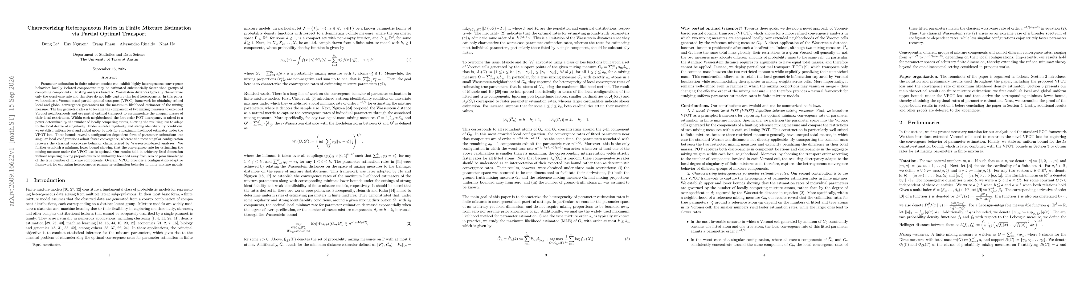 Thumbnail for Characterizing Heterogeneous Rates in Finite Mixture Estimation via Partial Optimal Transport