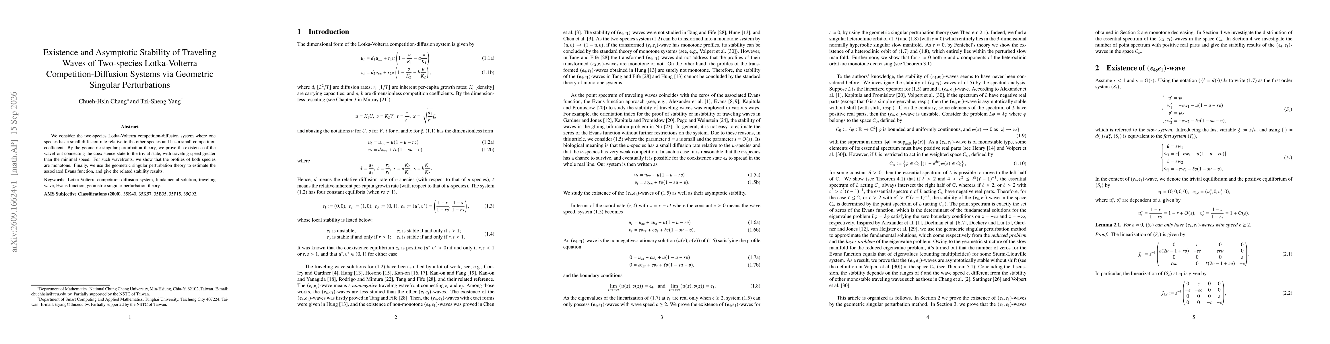 Thumbnail for Existence and Asymptotic Stability of Traveling Waves of Two-species Lotka-Volterra Competition-Diffusion Systems via Geometric Singular Perturbations