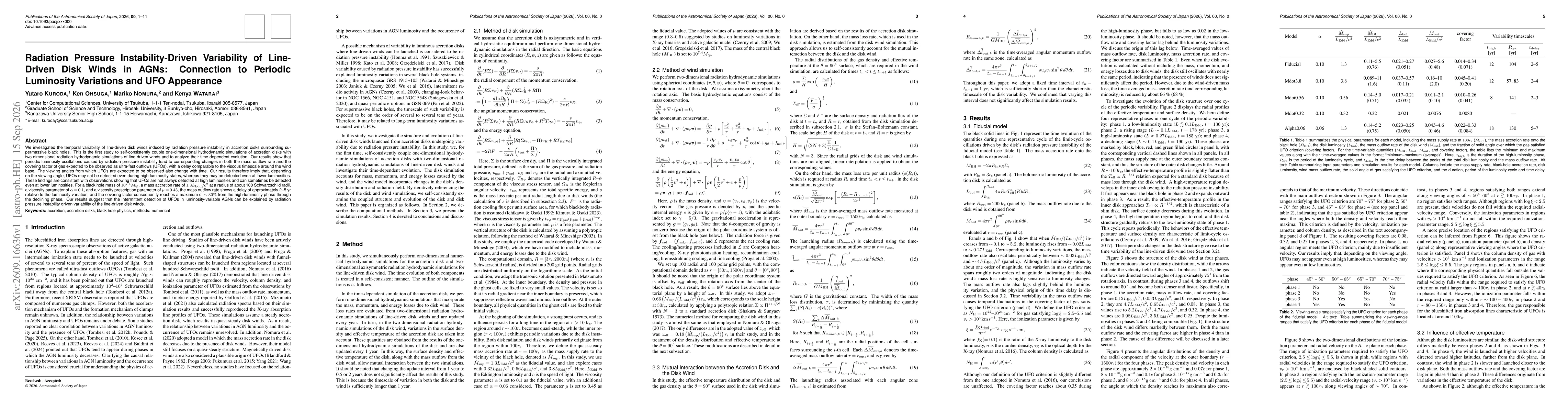 Thumbnail for Radiation Pressure Instability-Driven Variability of Line-Driven Disk Winds in AGNs: Connection to Periodic Luminosity Variations and UFO Appearance