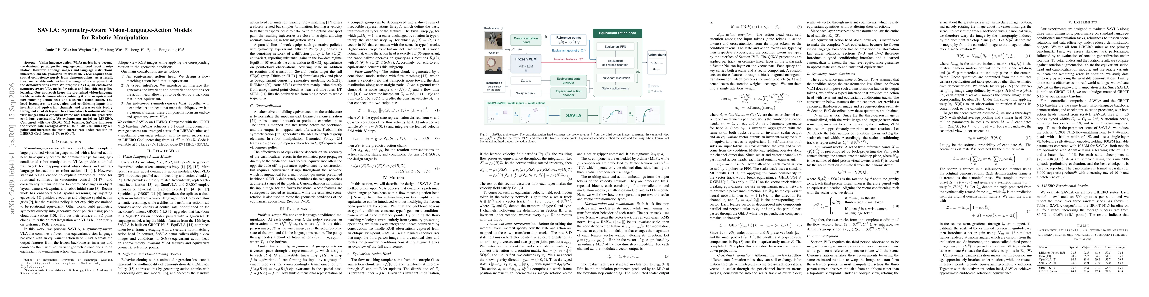 Thumbnail for SAVLA: Symmetry-Aware Vision-Language-Action Models for Robotic Manipulation