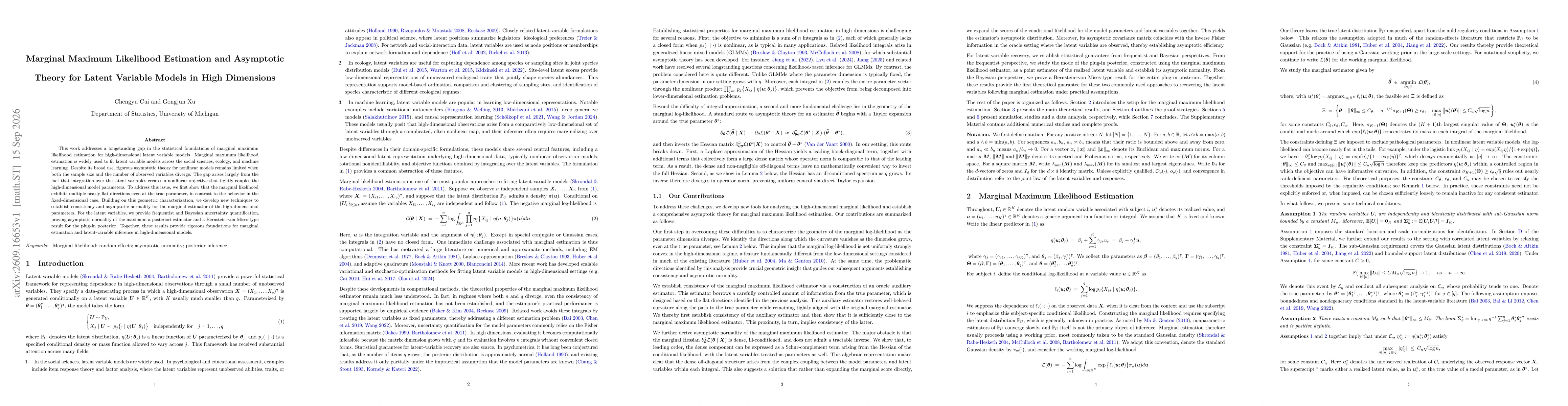 Thumbnail for Marginal maximum likelihood estimation and asymptotic theory for latent variable models in high dimensions
